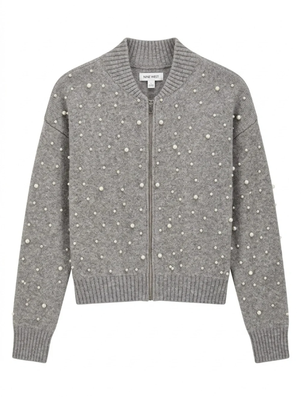 Nine West Gray Pearl-Studded Zip-Up Cardigan